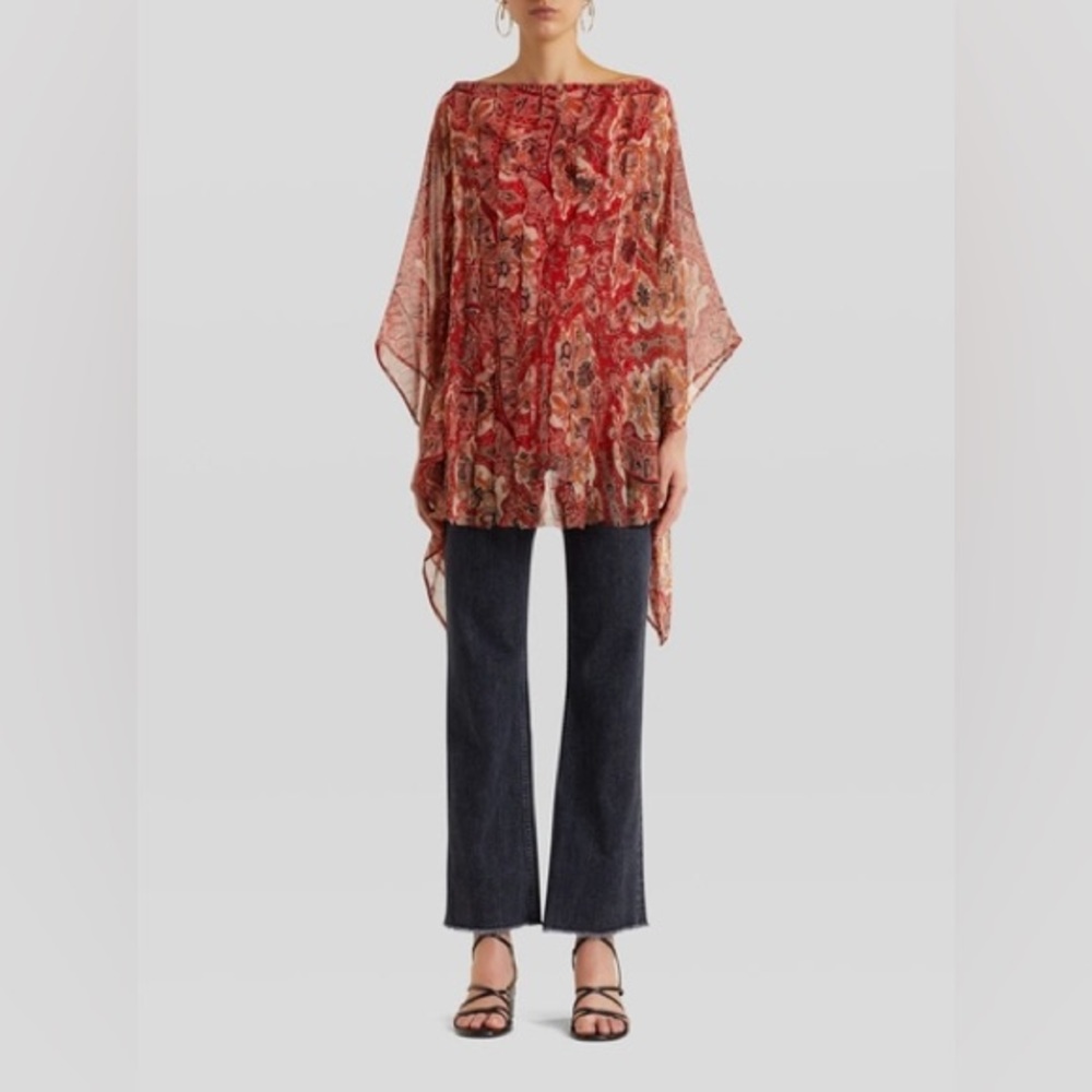 Etro Red Brocade Sheer Silk Kimono Sleeve Poncho Tunic Top